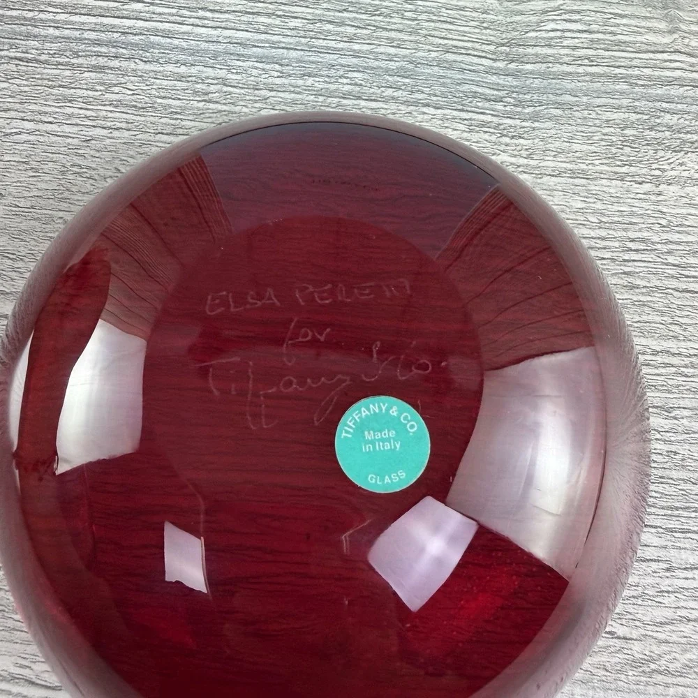 Tiffany & Co Elsa Peretti Thumbprint Dish Red Venetian Glass 24K Gold 5